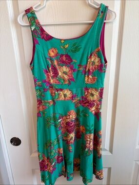 Monteau Teal Floral Midi Dress with Magenta and Yellow Accents